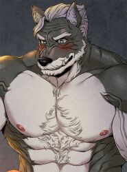 Rule 34 | 1boy, abs, animal ears, bara, beard, blush, commentary, english commentary, facial hair, fang, fang out, furrification, furry, furry male, green eyes, karl-heinz leopold, kim nuruk, liebling, male focus, muscular, muscular male, mustache, nipples, old, old man, paid reward available, pectorals, smile, topless male, veins, veiny arms, white hair, wolf boy, wolf ears, wrinkled skin