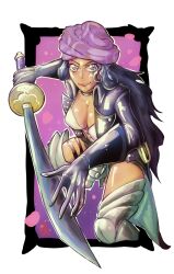 Rule 34 | 1girl, bikini, bikini top only, boutsoftheblind, choker, coat, gloves, head scarf, high heels, highres, holding, holding sword, holding weapon, long hair, looking at viewer, nico robin, one piece, one piece film: red, purple background, purple scarf, scarf, smile, solo, swimsuit, sword, weapon, white background, white bikini