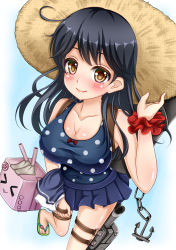 Rule 34 | 10s, 1girl, ahoge, anchor, black hair, blush, breasts, brown eyes, gradient background, hat, kantai collection, kojiro d, large breasts, lips, long hair, looking at viewer, miniskirt, polka dot, polka dot swimsuit, sandals, scrunchie, skirt, slippers, smile, straw hat, swimsuit, ushio (kancolle)