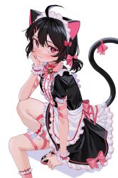 Rule 34 | 1girl, ahoge, animal ears, apron, bell, black dress, black footwear, black hair, blush, bow, cat ears, cat girl, cat tail, closed mouth, commentary request, commission, dress, fang, fang out, feet out of frame, frilled apron, frilled dress, frills, hair between eyes, hair ornament, hairclip, hand up, highres, jingle bell, long hair, low twintails, luicent, maid, original, pink bow, pixiv commission, puffy short sleeves, puffy sleeves, red eyes, shoes, short sleeves, smile, solo, tail, tail bow, tail ornament, twintails, waist apron, white apron, white background, wrist cuffs
