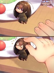 Rule 34 | 1girl, 2koma, antennae, arthropod girl, brown dress, brown eyes, cherry tomato, chibi, cockroach girl, comic, commentary, commentary request, disembodied limb, dress, happy, harumina mau, headpat, highres, lettuce, long hair, open mouth, original, petting, plate, tomato, translation request, very long hair
