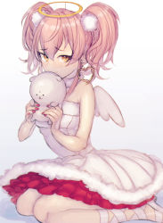 Rule 34 | 10s, 1girl, angel wings, bare shoulders, blush, breasts, collarbone, earrings, eyelashes, fake halo, feathered wings, fur trim, hair bobbles, hair ornament, halo, heart, heart earrings, idolmaster, idolmaster cinderella girls, jewelry, jougasaki mika, looking at viewer, nail polish, pink hair, smile, solo, stuffed animal, stuffed toy, ta m0ure, teddy bear, twintails, two side up, white wings, wings, yellow eyes
