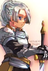 Rule 34 | 1girl, armor, braid, chris lightfellow, closed mouth, dated, earrings, eggru, french braid, gensou suikoden, gensou suikoden iii, gloves, jewelry, lips, long hair, purple eyes, simple background, solo, sword, weapon, white hair