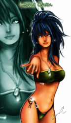 Rule 34 | 1girl, bandeau, bikini, blue eyes, blue hair, breasts, character name, cleavage, dog tags, green bikini, grey nails, jewelry, laura sardinha, leona heidern, lips, long hair, matching hair/eyes, medium breasts, nail polish, navel, ponytail, ring, side-tie bikini bottom, signature, silver nails, solo, standing, strapless, swimsuit, the king of fighters, tube top, zoom layer