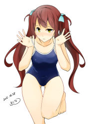Rule 34 | 10s, 1girl, 2016, adjusting clothes, adjusting swimsuit, asagumo (kancolle), brown hair, competition school swimsuit, competition swimsuit, dated, hair ribbon, hand on own hip, kantai collection, kitaminami, long hair, one-piece swimsuit, ribbon, school swimsuit, smile, solo, swimsuit, twintails, yellow eyes