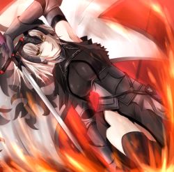 Rule 34 | 1girl, armor, armored dress, armpits, blonde hair, breasts, fate/grand order, fate (series), fire, headpiece, jeanne d&#039;arc (fate), jeanne d&#039;arc alter (avenger) (fate), jeanne d&#039;arc alter (fate), kinako (akatuki5), large breasts, short hair, smile, solo, standard bearer, sword, thighhighs, thighs, weapon, yellow eyes