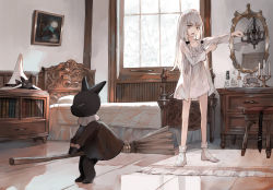 Rule 34 | 1girl, absurdres, bed, bedroom, black bow, black cat, black ribbon, book, bow, broom, candle, cat, chandelier, commentary, day, drawer, dress, english commentary, floor, flower, grey hair, hair bow, hands up, hat, hat bow, unworn hat, hat ribbon, unworn headwear, highres, holding, holding broom, indoors, long hair, long sleeves, looking at viewer, mirror, nakamura haco, no shoes, open mouth, original, outstretched arm, painting (object), red eyes, ribbon, rug, shirt, sidelocks, socks, solo, standing, stool, white dress, white flower, white shirt, white socks, window, witch hat, wooden stool