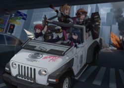 Rule 34 | 4girls, 5girls, ;d, absurdres, animal ear fluff, animal ears, arknights, bad perspective, bird, black hair, brown hair, bullet hole, car, clenched hand, croissant (arknights), destruction, driving, emperor penguin, explosion, expressionless, exusiai (arknights), fist pump, halo, highres, jeep, kiryuu haru (445), long hair, looking back, motor vehicle, multiple girls, one eye closed, open mouth, penguin, penguin logistics (arknights), raised fist, red hair, road, shield, short hair, smile, smoke, smug, sora (arknights), street, sunglasses, texas (arknights), vehicle focus, weapon, wings, wolf ears, wolf girl