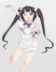Rule 34 | 10s, 1girl, ajino (sakanahen), arm ribbon, arm up, bare shoulders, barefoot, black hair, blue eyes, blush, blush stickers, bow, bowtie, breasts, cleavage, cleavage cutout, clenched hand, clothing cutout, covered navel, dress, dungeon ni deai wo motomeru no wa machigatteiru darou ka, elbow gloves, female focus, gloves, grey background, hair ornament, hair ribbon, hestia (danmachi), large breasts, leg up, long hair, looking at viewer, one eye closed, open mouth, rei no himo, ribbon, short dress, simple background, sleeveless, sleeveless dress, smile, solo, twintails, white dress, white gloves