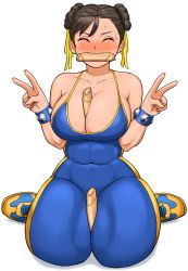 Rule 34 | 1girl, ^ ^, abs, between breasts, between thighs, blue unitard, blush, breasts, capcom, chun-li, cleavage, closed eyes, collarbone, covered navel, double bun, double v, earrings, closed eyes, fingernails, food, food in mouth, full body, hair ribbon, highres, jewelry, large breasts, mouth hold, nose blush, official alternate costume, on ground, ribbon, shigenobu, sitting, skin tight, smile, solo, spaghetti strap, spring roll, street fighter, street fighter zero (series), stud earrings, studded bracelet, sweatdrop, teeth, thick thighs, thighs, unitard, upper teeth only, v, wariza, what, white background, yellow footwear