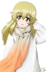 Rule 34 | 1girl, arm behind head, artist name, blonde hair, bukkuri, carpaccio (girls und panzer), casual, commentary request, dated, girls und panzer, gradient scarf, green eyes, head tilt, long hair, long sleeves, looking at viewer, open mouth, orange scarf, scarf, signature, simple background, smile, solo, standing, sweater, white background, white sweater