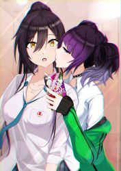 Rule 34 | 2girls, :o, absurdres, black choker, black hair, breasts, cellphone, choker, chromatic aberration, cleavage, collarbone, collared shirt, commentary request, coromins7, diagonal bangs, dog tags, dress shirt, earrings, green jacket, green neckwear, hair between eyes, high ponytail, highres, holding, holding phone, idolmaster, idolmaster shiny colors, jacket, jewelry, kiss, kissing cheek, large breasts, loose necktie, multiple girls, nail polish, necktie, open mouth, phone, ponytail, purple eyes, purple hair, purple nails, school uniform, shirase sakuya, shirt, short twintails, smartphone, spiked choker, spikes, standing, studded choker, tanaka mamimi, twintails, white shirt, yellow eyes