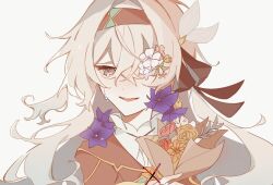 Rule 34 | 1girl, 36x 39, black ribbon, bouquet, brown hairband, brown jacket, collared jacket, crying, crying with eyes open, dress, firefly (honkai: star rail), flower, grey eyes, grey hair, hair between eyes, hair ornament, hair over one eye, hair ribbon, hairband, holding, holding bouquet, honkai: star rail, honkai (series), jacket, leaf, leaf hair ornament, long hair, long sleeves, looking to the side, open mouth, orange flower, orange rose, pink flower, purple flower, red flower, ribbon, rose, simple background, smile, solo, tears, teeth, tongue, upper body, white background, white dress