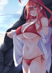 Rule 34 | 1girl, bare shoulders, bikini, blue eyes, blush, breasts, cleavage, dress shirt, go-toubun no hanayome, large breasts, looking at viewer, micosiva, nakano itsuki, navel, nervous, open clothes, open mouth, open shirt, partially undressed, plump, red bikini, red hair, shirt, unworn shirt, side-tie bikini bottom, skindentation, solo, star (symbol), swimsuit, thick thighs, thighs, unbuttoned, unbuttoned shirt, underboob, undersized clothes