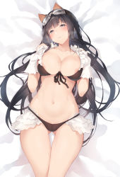 Rule 34 | 1girl, absurdres, areola slip, bare shoulders, bikini, black bikini, black hair, blush, breasts, cleavage, collarbone, gloves, gluteal fold, goggles, goggles on head, granblue fantasy, grey eyes, highres, jessica (granblue fantasy), large breasts, long hair, looking at viewer, lying, nanahara fuyuki, navel, on back, parted lips, solo, swimsuit, thighs, white gloves