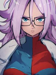 Rule 34 | 1girl, android 21, black-framed eyewear, blue eyes, breasts, checkered clothes, checkered dress, closed mouth, dragon ball, dragon ball fighterz, dress, glasses, grey background, hair between eyes, kemachiku, lab coat, long hair, looking at viewer, majin android 21, medium breasts, pink hair, simple background, solo, upper body