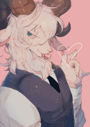 Rule 34 | 1boy, :p, aqua eyes, beastars, bieko (lofter), blue eyes, curled horns, eyelashes, finger heart, furry, furry male, hair between eyes, hand up, heart, horns, male focus, nail polish, necktie, non porn, pina (beastars), pink background, pinky out, red nails, sheep boy, shirt, sideways glance, simple background, solo, tongue, tongue out, upper body, vest, white shirt