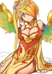 Rule 34 | 1girl, bare shoulders, bird wings, blonde hair, blue eyes, breasts, china dress, chinese clothes, cleavage, cleavage cutout, clothing cutout, dress, elbow gloves, fingerless gloves, gloves, hair over one eye, headpiece, large breasts, leilan (p&amp;d), leiran (p&amp;d), long hair, memento vivi, multicolored hair, orange hair, puzzle &amp; dragons, side ponytail, simple background, sitting, sleeveless, sleeveless dress, smile, solo, white background, wings