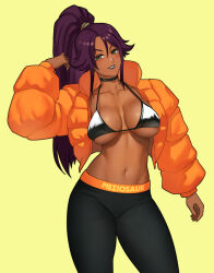 Rule 34 | 1girl, artist name, black leggings, bleach, bra, breasts, choker, collarbone, dark-skinned female, dark skin, hair ornament, jacket, large breasts, leggings, looking at viewer, meziosaur, navel, orange jacket, ponytail, puffy jacket, purple hair, shihouin yoruichi, shiny skin, simple background, underwear, yellow eyes