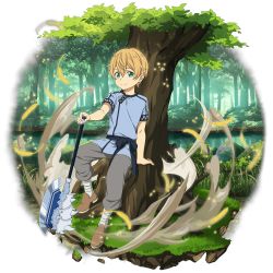Rule 34 | 1boy, against tree, aged down, axe, blonde hair, blue shirt, brown footwear, day, eugeo, full body, green eyes, grey pants, hair between eyes, hand on hilt, highres, lake, looking at viewer, male focus, official art, outdoors, pants, shirt, short sleeves, smile, solo, standing, sword art online, transparent background, tree