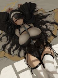 Rule 34 | 1girl, bed sheet, between breasts, black hair, blue archive, blush, breasts, closed mouth, cross, cross earrings, earrings, eyes visible through hair, garter belt, garter straps, habit, hair over one eye, halo, highres, hinata (blue archive), huge breasts, jewelry, letdie1414, lying, nun, on back, one eye closed, red eyes, shadow, sheet grab, smile, solo, swept bangs, thighhighs, white thighhighs