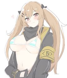 Rule 34 | 1girl, bad id, bad twitter id, bikini, bikini under clothes, black gloves, black jacket, black neckwear, black ribbon, blush, breasts, brown eyes, brown hair, closed mouth, fingerless gloves, girls&#039; frontline, gloves, hair between eyes, hair ornament, hair ribbon, hairclip, heart, hood, hood down, jacket, large breasts, long hair, long sleeves, looking at viewer, micro bikini, mobu, navel, open clothes, open jacket, ribbon, scar, scar across eye, scar on face, sidelocks, simple background, smile, solo, striped bikini, striped clothes, swimsuit, swimsuit under clothes, twintails, ump9 (girls&#039; frontline), upper body, white background
