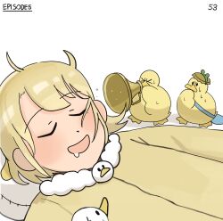 Rule 34 | &gt; &lt;, 1girl, bag, bird, blonde hair, bottle cap, closed eyes, clumsy nun (diva), diva (hyxpk), duck, duckling, frog headband, fur-trimmed pajamas, highres, instrument, music, numbered, open mouth, original, pajamas, pillow, playing instrument, simple background, sleeping, trumpet, yellow pajamas