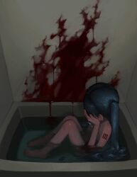 Rule 34 | 1girl, absurdres, bathtub, blood, blood on wall, blood splatter, blue hair, commentary, completely nude, covering face, crying, diffraction spikes, dripping, floating hair, from above, from side, hands up, hatsune miku, highres, indoors, knees up, long hair, namida (vocaloid), nude, number tattoo, partially submerged, razor blade, self-harm, shoulder tattoo, sitting, solo, tattoo, tears, twintails, very long hair, vocaloid, water, wrist cutting, yakito lulu