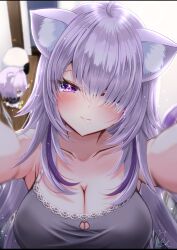 Rule 34 | 1girl, alternate hairstyle, animal ear fluff, animal ears, bare shoulders, black camisole, blurry, blurry background, blush, breasts, camisole, cat cutout, cat ears, cat girl, cleavage, clothing cutout, collarbone, hair over one eye, highres, hololive, indoors, large breasts, long hair, nekomata okayu, nekomata okayu (1st costume), nekomata okayu (membership), official alternate costume, onigirya (nekomata okayu), purple eyes, purple hair, smile, solo, uchi1048, virtual youtuber