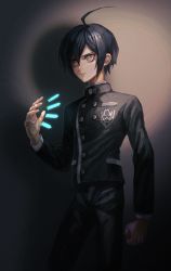 Rule 34 | 1boy, ahoge, black hair, black jacket, black pants, brown eyes, bullet, clenched hand, closed mouth, commentary, danganronpa (series), danganronpa v3: killing harmony, floating, floating object, from side, hair between eyes, hand up, highres, jacket, layered sleeves, long sleeves, looking to the side, male focus, pants, saihara shuichi, short hair, solo, standing, symbol-only commentary, visket53