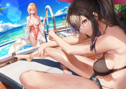 Rule 34 | 2girls, absurdres, azur lane, bare shoulders, bikini, black bikini, black hair, blonde hair, blush, breasts, cleavage, eichi (yashokuya), highres, jean bart (azur lane), jean bart (private apres midi) (azur lane), jewelry, large breasts, long hair, long sleeves, looking at viewer, multiple girls, necklace, official alternate costume, one-piece swimsuit, one eye closed, outdoors, parted lips, ponytail, purple eyes, richelieu (azur lane), richelieu (fleuron of the waves) (azur lane), sitting, smile, swimsuit, water, wet, wet clothes