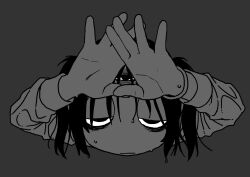 Rule 34 | 1girl, arms up, bracelet, closed mouth, commentary, explosion psycho, greyscale, haguruma hasami (explosion psycho), half-closed eyes, highres, jewelry, long sleeves, looking up, messy hair, monochrome, no nose, open hands, original, peeking through fingers, portrait, shirt, short twintails, simple background, solo, squinting, sweat, symbol-only commentary, third eye, triangle, twintails, wet, wet clothes