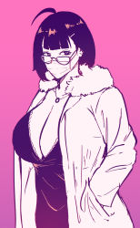 Rule 34 | 1girl, ahoge, black dress, breasts, cleavage, coat, dress, fur collar, ganzu, glasses, hands in pockets, highres, jewelry, large breasts, looking to the side, mask, mouth mask, necklace, open clothes, open coat, original, pink background, short hair, solo