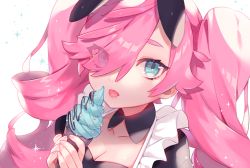 Rule 34 | 1girl, :p, animal ears, blue eyes, breasts, cleavage, detached collar, eyes visible through hair, fake animal ears, food, hair over one eye, holding, holding food, ice, long hair, looking at viewer, original, pink hair, saku nosuke, simple background, solo, suzette (sa9no), thick eyebrows, tongue, tongue out, twintails, upper body, white background