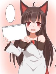 Rule 34 | 1girl, ahoge, animal ears, ao (aoblueao), blush, brooch, brown hair, collarbone, dress, fang, highres, imaizumi kagerou, jewelry, long sleeves, off shoulder, red eyes, solo, speech bubble, template, touhou, wide sleeves, wolf ears