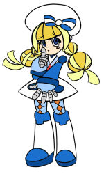 Rule 34 | 1girl, blonde hair, blue eyes, blush stickers, boots, braid, call (mighty no. 9), call i, dress, hat, knee boots, long hair, mighty no. 9, peter barton, robot, solo, twin braids