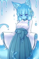 Rule 34 | 1girl, animal ear fluff, animal ears, blue eyes, blue hair, blue sclera, blue skirt, blush, breasts, c:, closed mouth, colored sclera, commentary request, curss, dripping, flower, fox ears, hair flower, hair ornament, hakama, hakama skirt, heart, highres, japanese clothes, looking down, medium breasts, miko, monster girl, original, short hair, skirt, slime girl, smile, solo, white background, wide sleeves