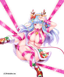 Rule 34 | 1girl, animal ears, antlers, arm up, bad id, bad pixiv id, bdsm, bell, belly, blue hair, bondage, boots, bound, breasts, cleavage, collar, deer ears, fake animal ears, frills, hair ornament, headband, highres, hizuki akira, horns, large breasts, leash, long hair, looking at viewer, mouth hold, nail polish, neck bell, official art, one eye closed, original, red eyes, reindeer antlers, ribbon, ribbon bondage, sengoku gensoukyoku, simple background, skirt, solo, viewer holding leash, white background