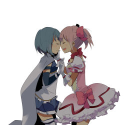 Rule 34 | 10s, 2girls, bad id, bad pixiv id, blue hair, bow, bubble skirt, cape, closed eyes, face-to-face, gloves, hair bow, hand on another&#039;s face, highres, holding hands, kaname madoka, kaname madoka (magical girl), magical girl, mahou shoujo madoka magica, mahou shoujo madoka magica (anime), meno, miki sayaka, miki sayaka (magical girl), multiple girls, noses touching, pink hair, revision, short hair, short twintails, simple background, skirt, tears, thighhighs, twintails, zettai ryouiki