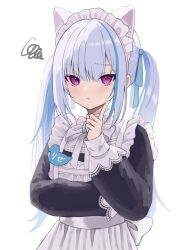 Rule 34 | 1girl, :t, alternate costume, animal ears, apron, black shirt, blue hair, blush, cat ears, enmaided, fake animal ears, finger to cheek, frilled apron, frills, hair between eyes, haruwo, highres, index finger raised, lize helesta, long hair, looking at viewer, maid, maid headdress, multicolored hair, name tag, nijisanji, pout, purple eyes, shirt, sidelocks, simple background, solo, squiggle, streaked hair, twintails, two-tone hair, upper body, virtual youtuber, white apron, white background, white hair