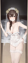 Rule 34 | 1girl, absurdres, bare arms, bare shoulders, bed, blush, breasts, bridal garter, bridal veil, brown hair, camisole, cleavage, covered navel, cowboy shot, floral print, flower, frilled camisole, frilled panties, frills, grin, hair over shoulder, hand on own hip, highres, indoors, large breasts, lingerie, long hair, looking at viewer, open door, original, panties, ponytail, rose, see-through, see-through camisole, see-through legwear, sidelocks, smile, so shio, solo, spaghetti strap, standing, string panties, thighhighs, underwear, veil, white headdress, white panties, yellow flower, yellow rose