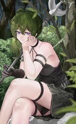Rule 34 | 1girl, absurdres, black dress, black gloves, black skirt, breasts, closed mouth, crossed legs, dress, forest, gloves, green hair, highres, holding, holding polearm, holding weapon, jdep, large breasts, long hair, looking at viewer, nature, outdoors, pleated skirt, polearm, ponytail, purple hair, single glove, sitting, skirt, smile, solo, sousou no frieren, thigh strap, ubel (sousou no frieren), weapon