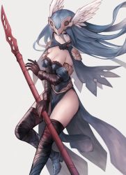 Rule 34 | 1girl, bad id, bad twitter id, blue capelet, blue dress, blue eyes, blue hair, boots, breasts, capelet, cleavage, closed mouth, commentary request, copyright request, dress, floating hair, grey background, hairband, high heel boots, high heels, highres, holding, holding weapon, long hair, looking at viewer, pelvic curtain, polearm, simple background, smile, snm (sunimi), solo, spear, thigh boots, thighhighs, weapon, winged hairband