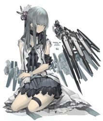 Rule 34 | 1girl, arm strap, ascot, black skirt, dated, dress, feather hair ornament, feathers, frilled dress, frilled skirt, frills, green eyes, grey hair, hair ornament, highres, long hair, mechanical wings, original, rayvon, seiza, sidelocks, sitting, skirt, sleeveless, sleeveless dress, solo, thigh strap, white background, wings