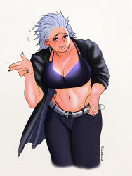 Rule 34 | 1girl, abs, absurdres, artist request, breasts, dorohedoro, earrings, highres, jewelry, large breasts, looking at viewer, muscular, muscular female, noi (dorohedoro), red eyes, simple background, smile, solo, white hair