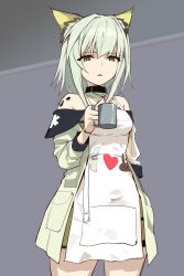 Rule 34 | 1girl, absurdres, amiya (arknights), animal ear fluff, animal ears, apron, arknights, bare shoulders, breasts, cat ears, cat girl, commentary request, cowboy shot, cup, dress, green dress, green eyes, green hair, green jacket, grey background, heart, highres, holding, holding cup, infection monitor (arknights), jacket, jewelry, kal&#039;tsit (arknights), kinbakuman, long sleeves, looking at viewer, material growth, medium breasts, medium hair, multiple rings, off-shoulder dress, off shoulder, open clothes, open jacket, oripathy lesion (arknights), parted lips, ring, sidelocks, solo, watch, white apron, wristwatch