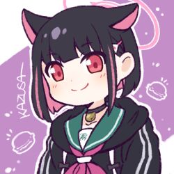 Rule 34 | 1girl, animal ears, black choker, black hair, black hoodie, blue archive, choker, closed mouth, collarbone, commentary request, drawstring, green sailor collar, halo, hood, hood down, hoodie, kazusa (blue archive), looking at viewer, multicolored hair, neckerchief, onyhakase, outline, pink hair, pink neckerchief, purple background, red eyes, sailor collar, smile, solo, streaked hair, two-tone background, two-tone hair, upper body, white background, white outline