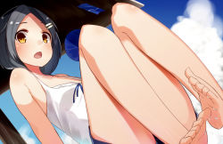 Rule 34 | 10s, 1girl, alternate costume, bad anatomy, bad feet, bare legs, barefoot, black hair, blue sky, blush, cloud, cloudy sky, day, feet, gradient background, hair ornament, hairclip, hand fan, kantai collection, kuroshio (kancolle), looking at viewer, o zone, open mouth, poorly drawn, short hair, shorts, sky, sleeveless, soles, solo, tank top, toes, water, wet, yellow eyes