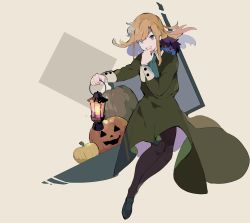 Rule 34 | 1girl, black footwear, brown pantyhose, clenched hands, commentary, doll, doll (ib), dress, english commentary, full body, green dress, green necktie, hand to own mouth, highres, holding, holding lantern, ib (kouri), jack-o&#039;-lantern, lantern, looking to the side, mary (ib), necktie, painting (object), pantyhose, pumpkin, simple background, solo, tan background, yuda nappa
