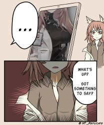 Rule 34 | ..., 2girls, absurdres, animal ear fluff, animal ears, bags under eyes, breasts, cat ears, cleavage, commentary, cup, english commentary, english text, expressionless, fake animal ears, girls&#039; frontline, girls&#039; frontline neural cloud, hair between eyes, highres, holding, holding cup, iam (nt replicate), id card, lab coat, large breasts, long hair, looking at viewer, medium breasts, messy hair, multiple girls, off shoulder, open mouth, persica (girls&#039; frontline), persicaria (neural cloud), red eyes, shirt, speech bubble, tablet pc, turtleneck, twitter username